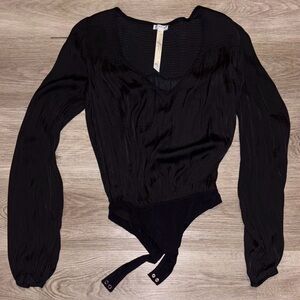 Free People Black Long-Sleeve V-Neck Bodysuit